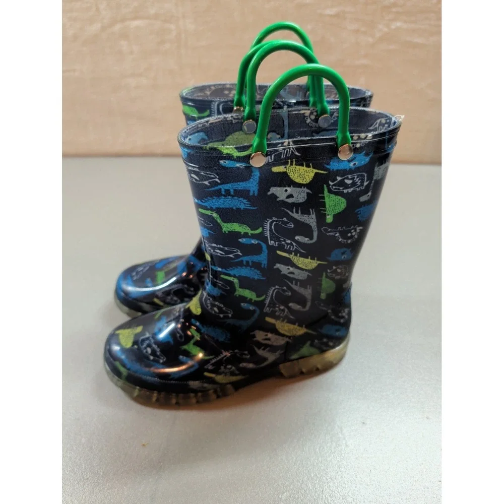 Kids Dinosaur Print Rubber Rain Boots Blue Green‎ Waterproof Pull On Size 7